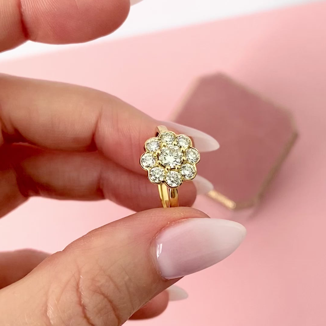 Bloom 1.25 Carat Diamond Halo 18K Gold Flower Ring, video