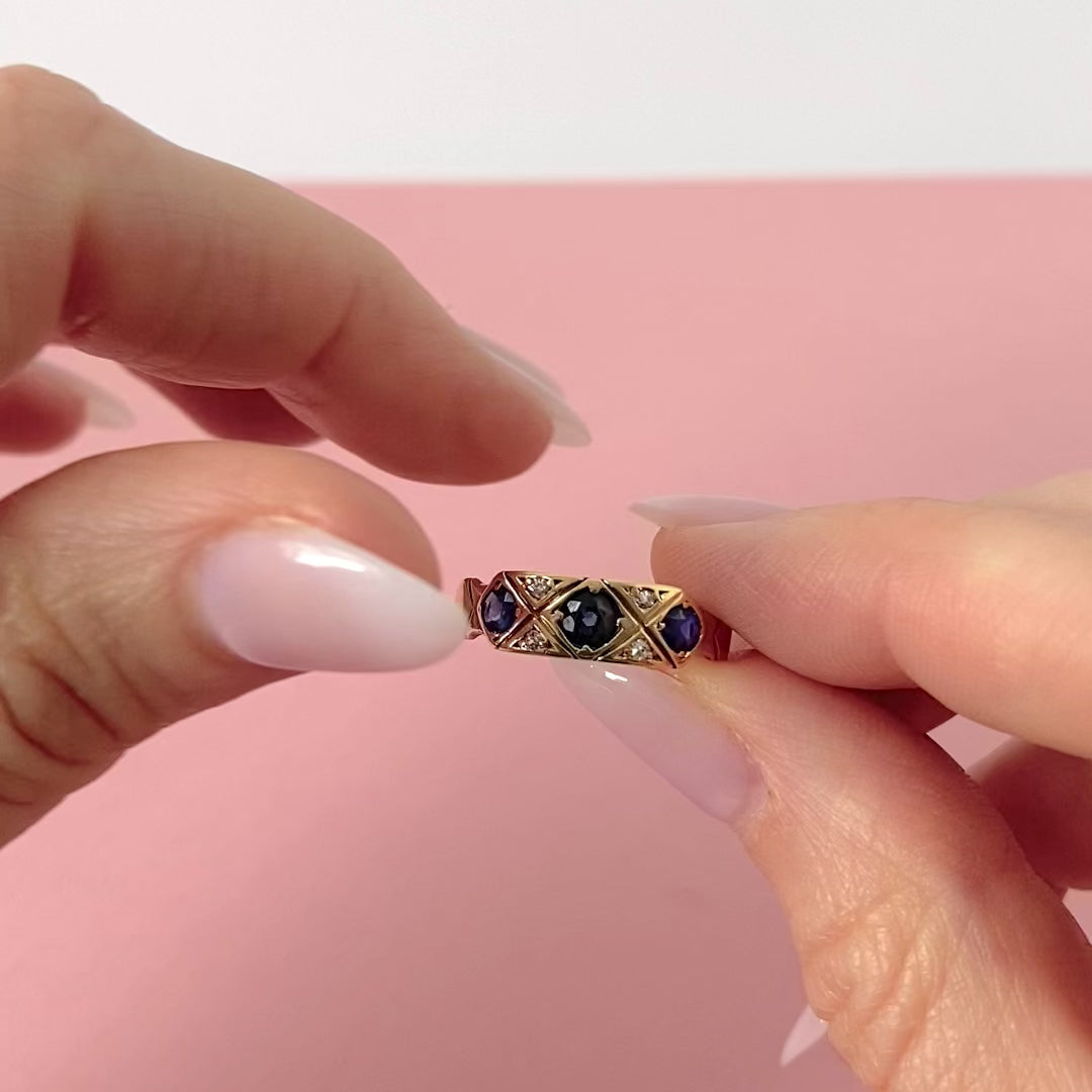 Antique Edwardian 1903 Sapphire Diamond 18ct Yellow Gold Ring, video