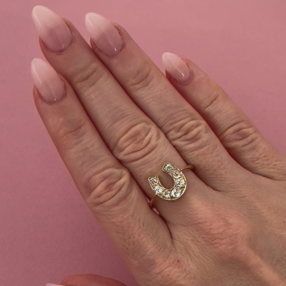 Victorian 0.80 Carat Diamond 18K Gold Horseshoe Antique Ring, video