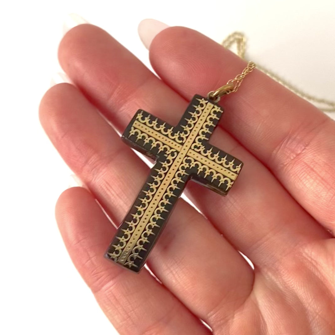 Antique Victorian Pique Tortoiseshell Cross Necklace, video
