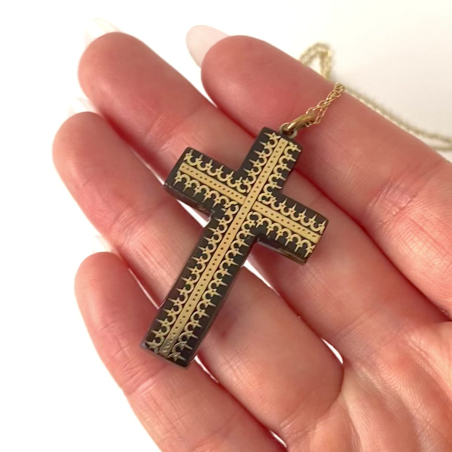 Antique Victorian Pique Tortoiseshell Cross Necklace