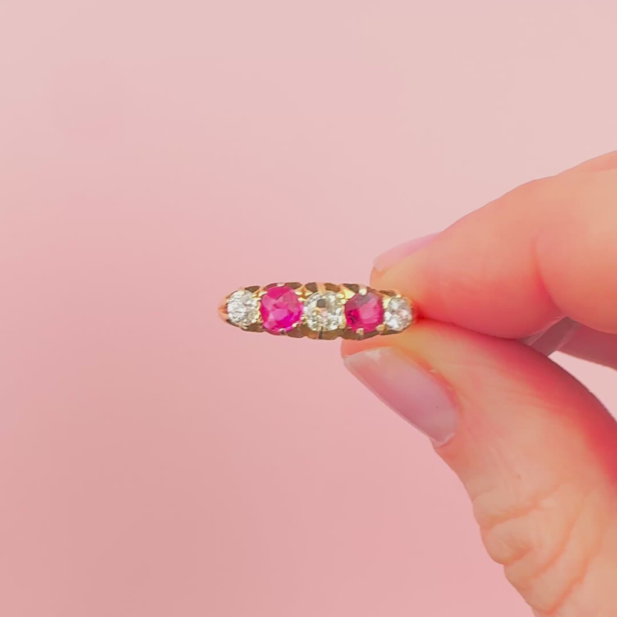 Edwardian 1908 Ruby and Old Cut Diamond Five-Stone 18K Gold Antique Ring, video