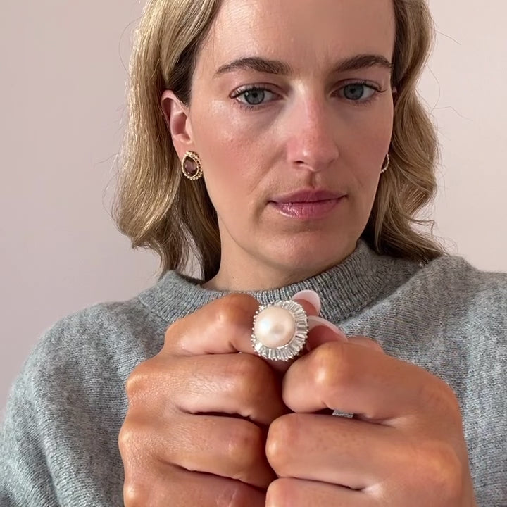 Pearl and 2.35 Carat Baguette Diamond 18K White Gold Ballerina Ring, video