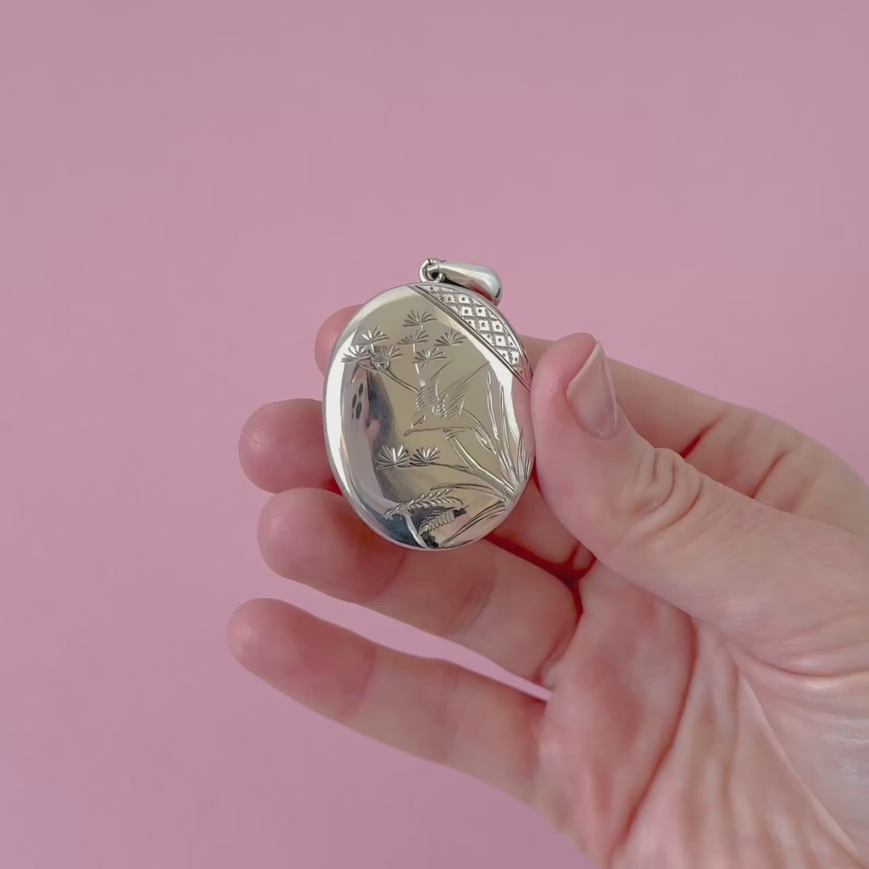 Antique Victorian Japonisme Silver Bird Locket Necklace, video