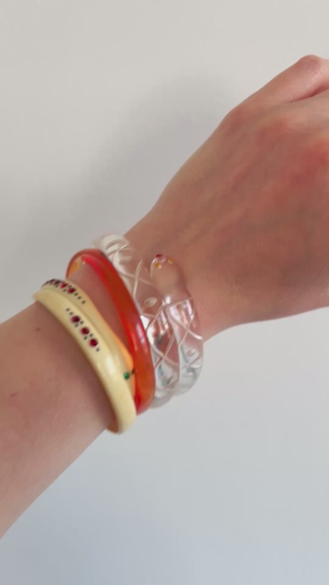 Edwardian 1910s–1920s Celluloid Snake Antique Bangle with Red Rhinestones, video