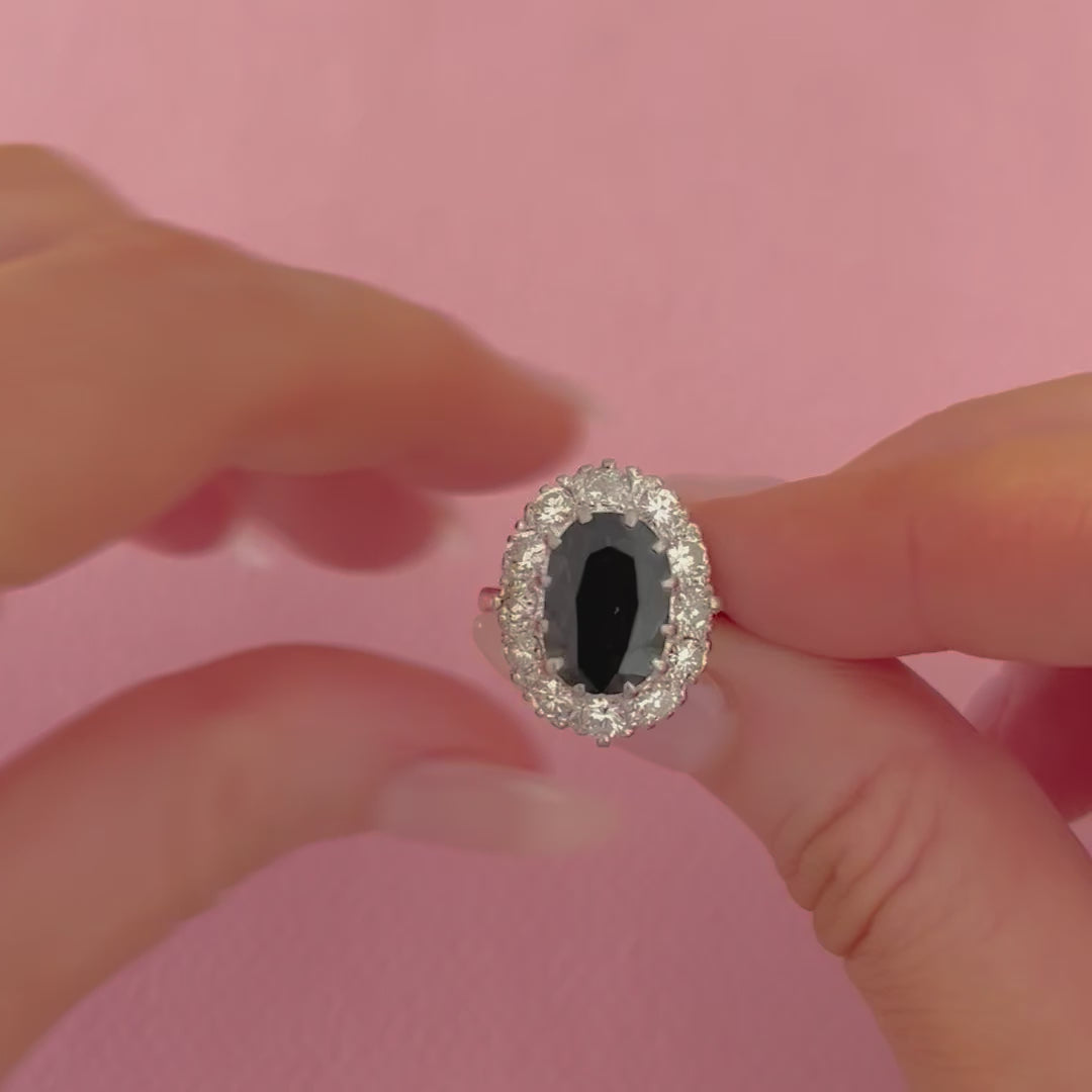 Vintage 1930s 5.35ct Sapphire 1.45ct Diamond Halo 18ct Gold Ring, video