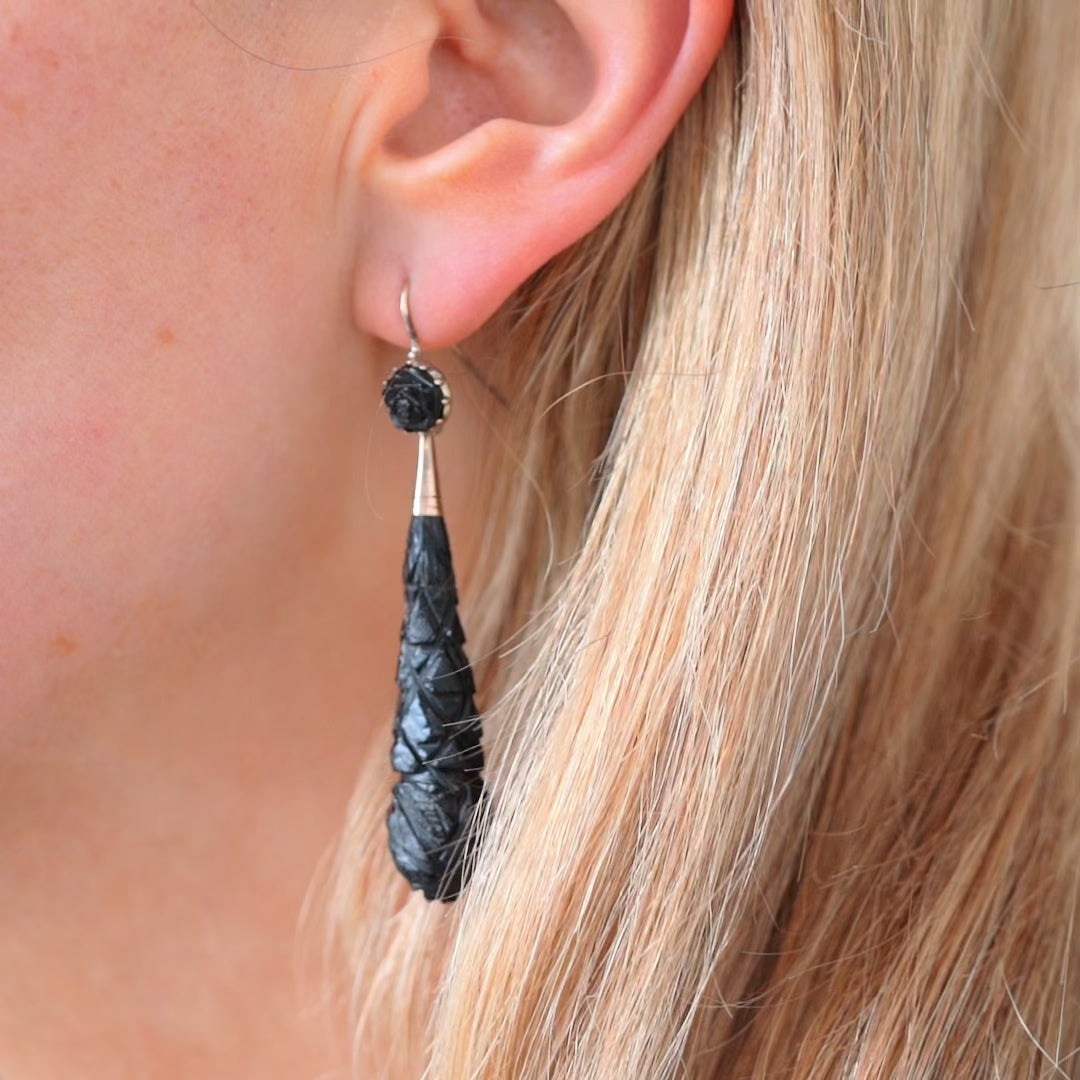 Antique Victorian Jet Drop 9ct Gold Earrings, video