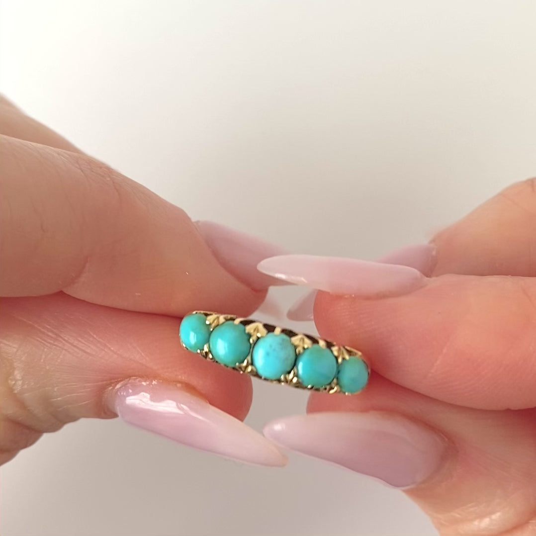 Antique Victorian Five Stone Turquoise 18ct Gold Ring, video