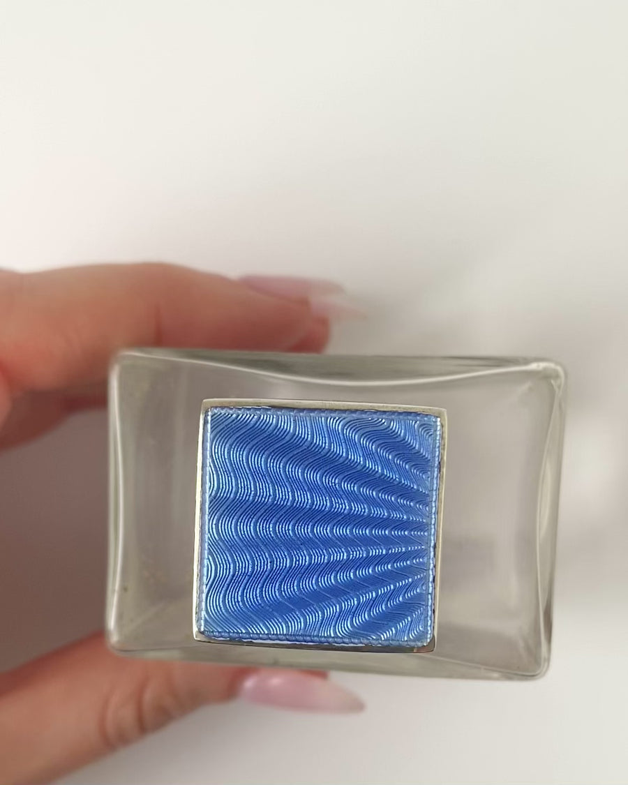 Art Deco 1934 Blue Enamel Silver Glass Rectangular Perfume Bottle