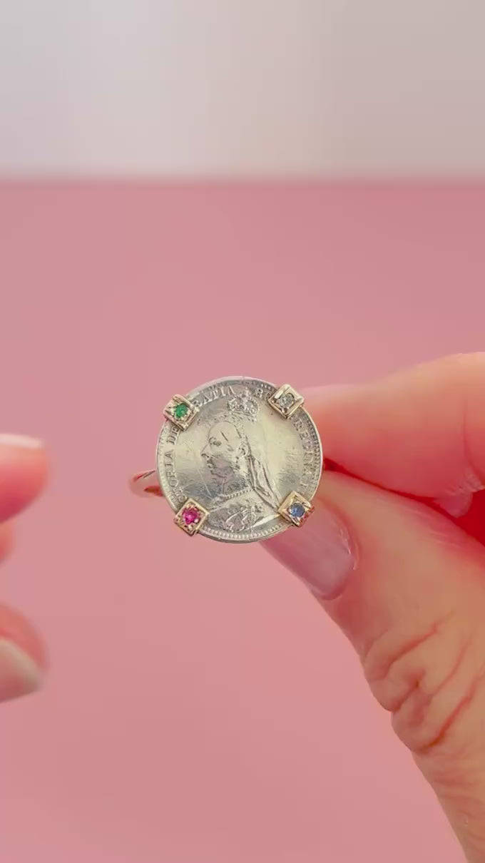Victorian 1890 Silver Coin 9ct Gold Gemstone Ring