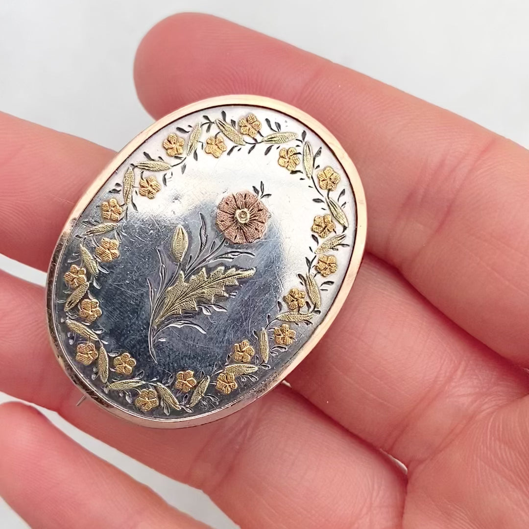 Antique Victorian Silver Gold Flower Brooch, video