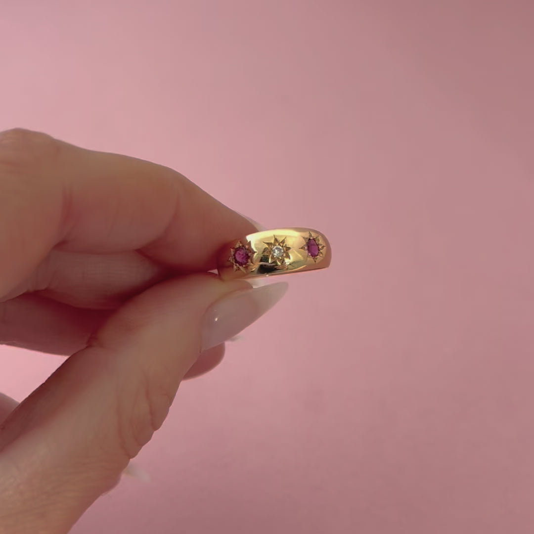 Anillo antiguo eduardiano de oro de 18 quilates con granate almandino y diamante, estilo estrella gitana, de 1904, video