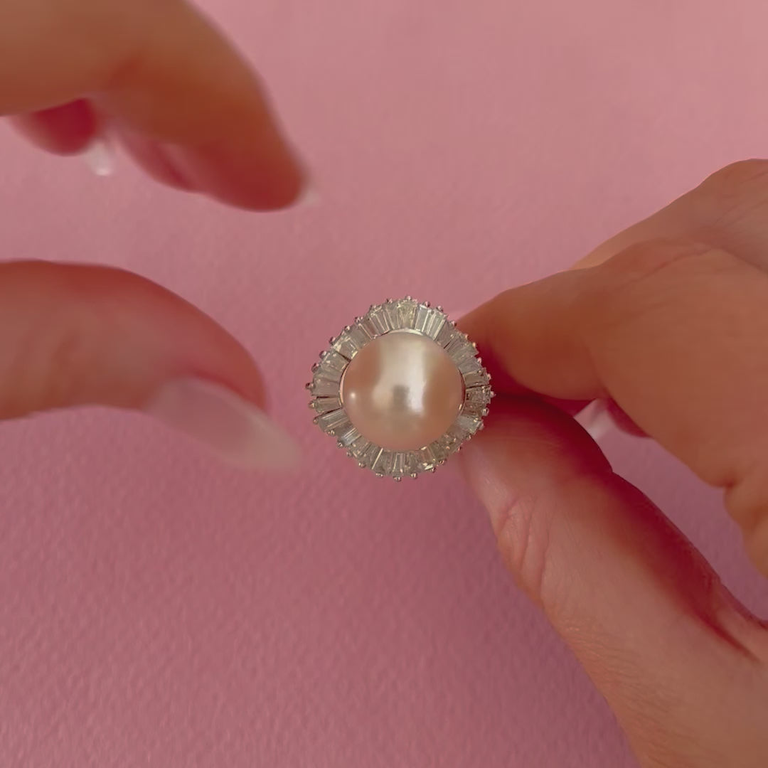 Pearl and 2.35 Carat Baguette Diamond 18K White Gold Ballerina Ring, video