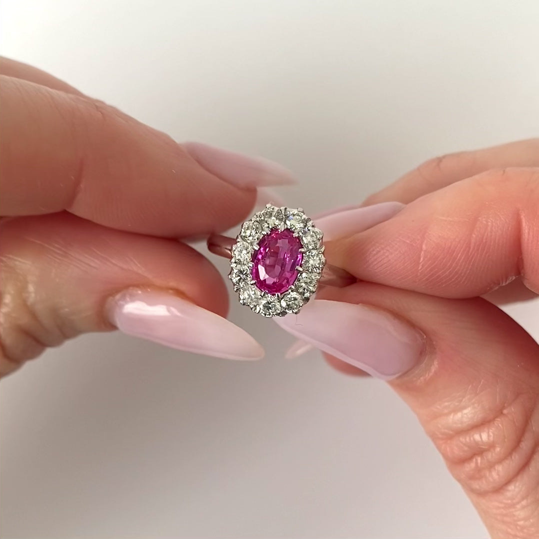 Pink Sapphire Diamond Halo 18ct White Gold Ring, video
