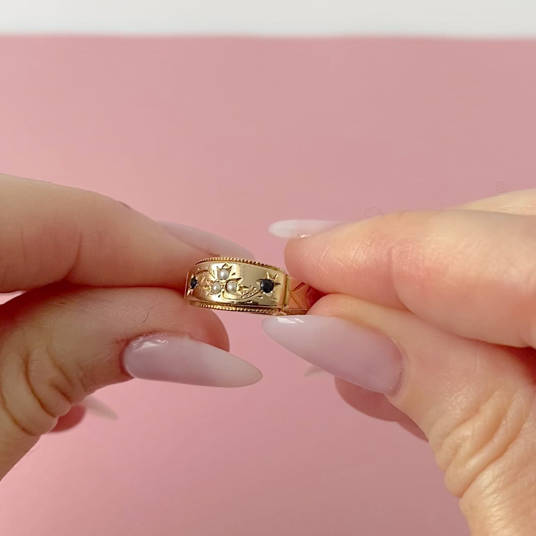 Antique 1883 Victorian 15ct Sapphire Pearl Ring, video