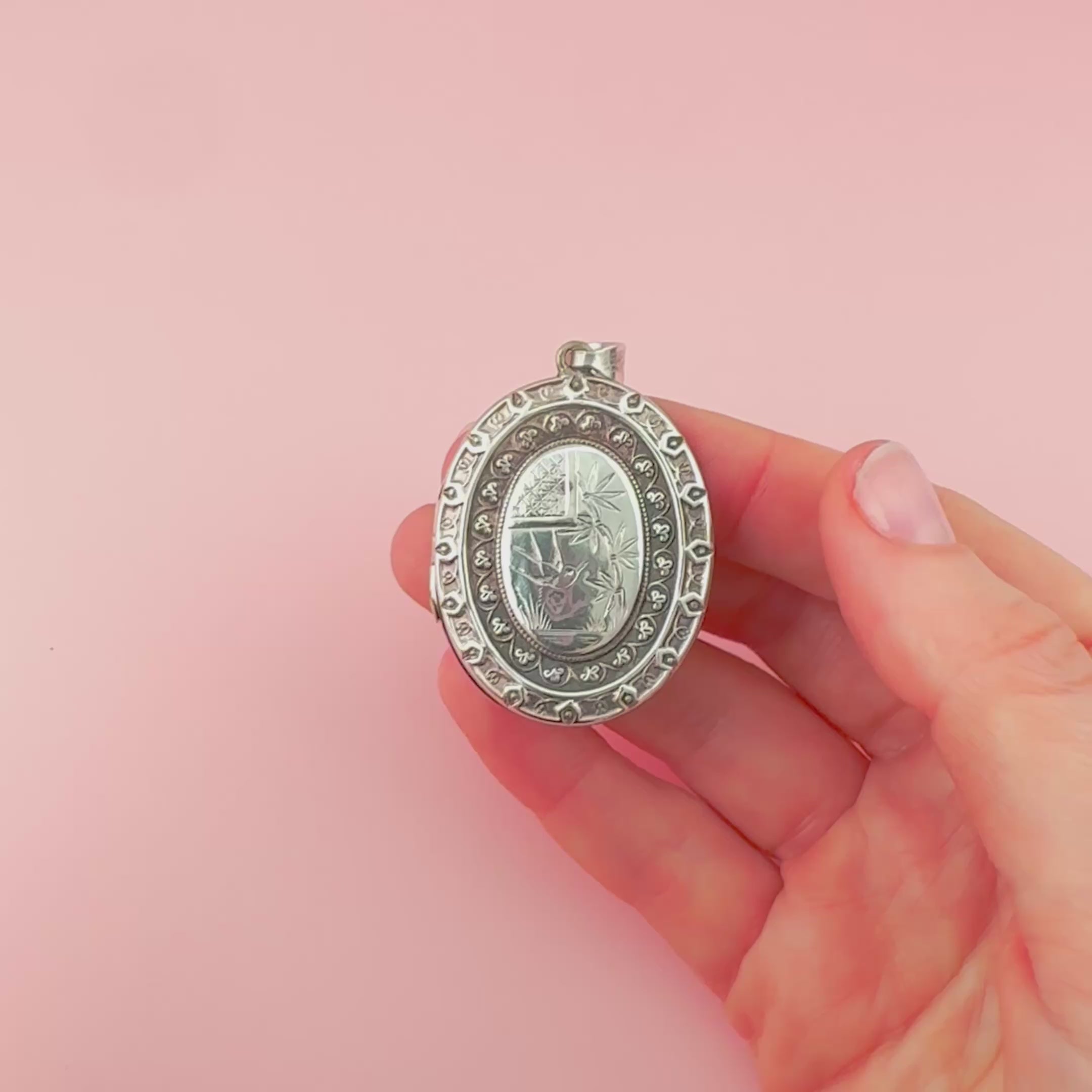 Victorian 1894 Japonisme Engraved Sterling Silver Antique Locket, video