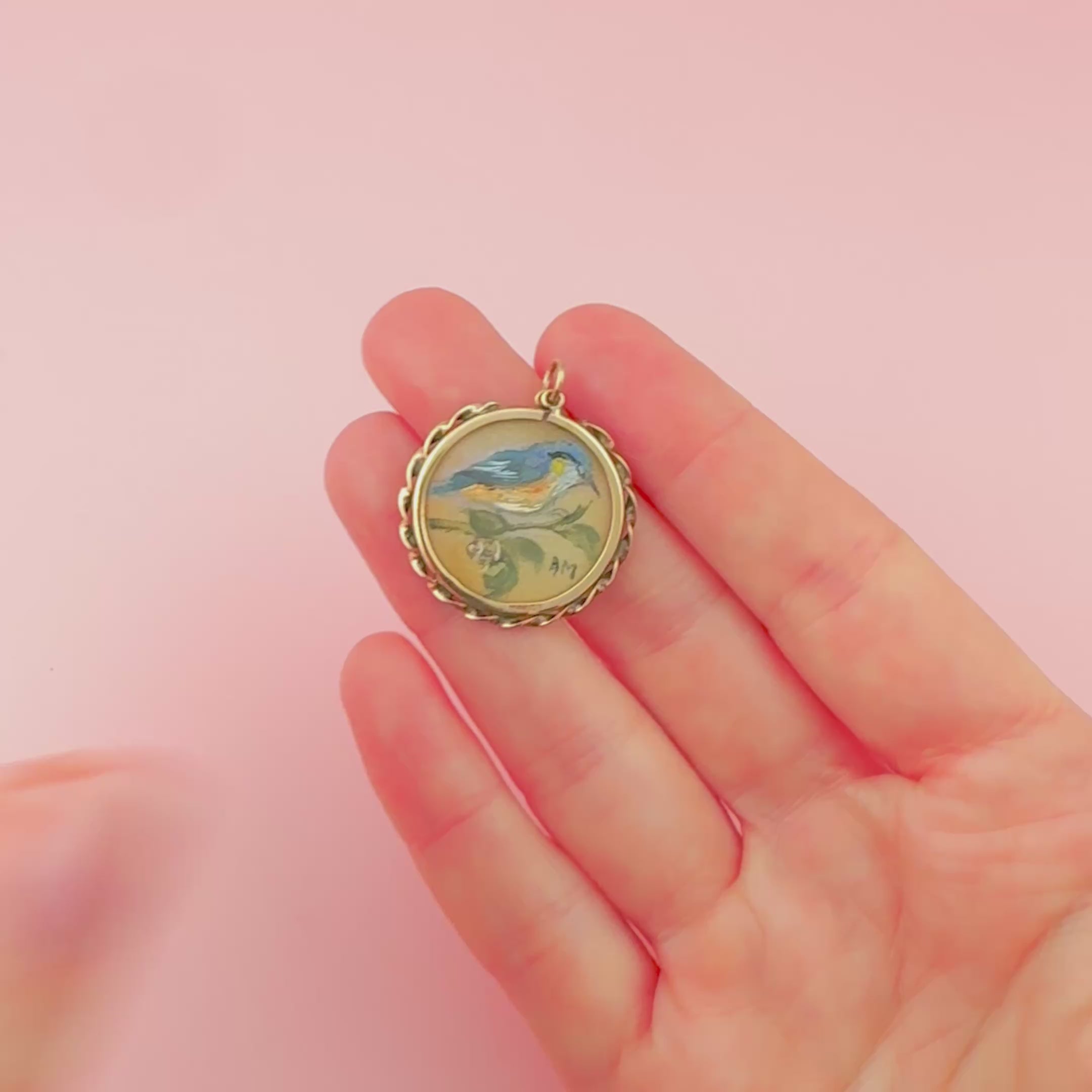 Vintage 1988 9ct Gold Painted Bird Glass Locket Necklace, video