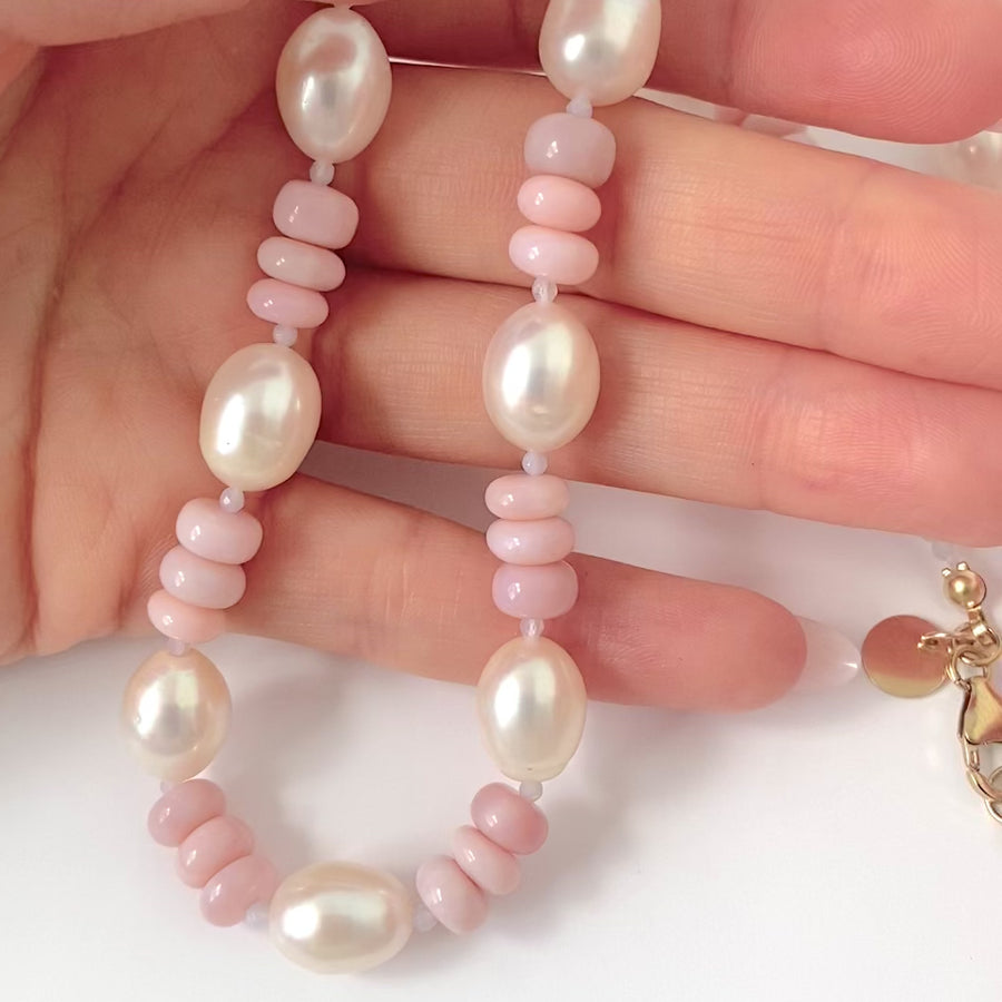 Pink Opal & White Pearl Gemstone Necklace