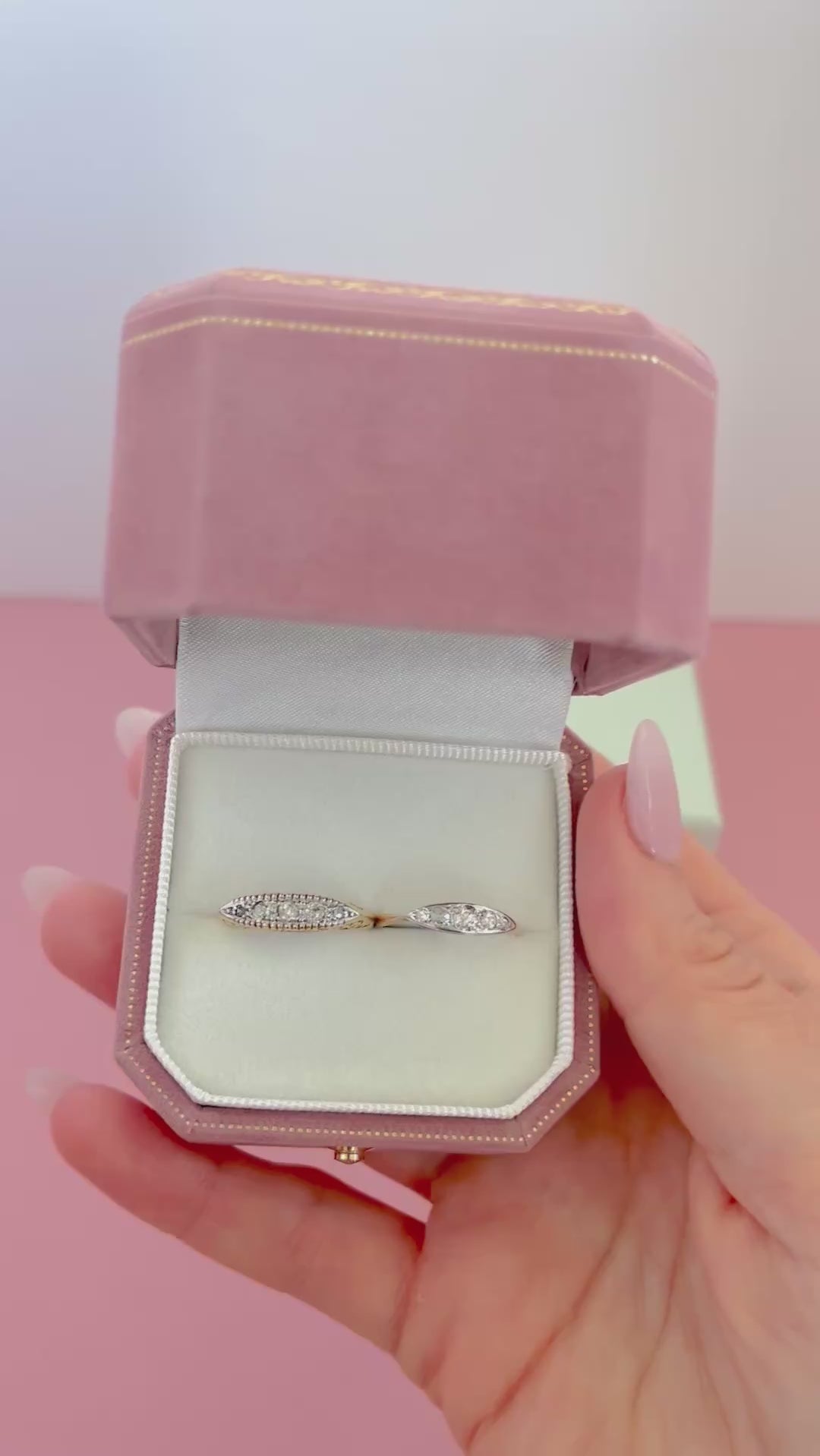 Edwardian 0.25 Carat Five-Stone Diamond 18K Gold and Platinum Navette Antique Engagement Ring, video