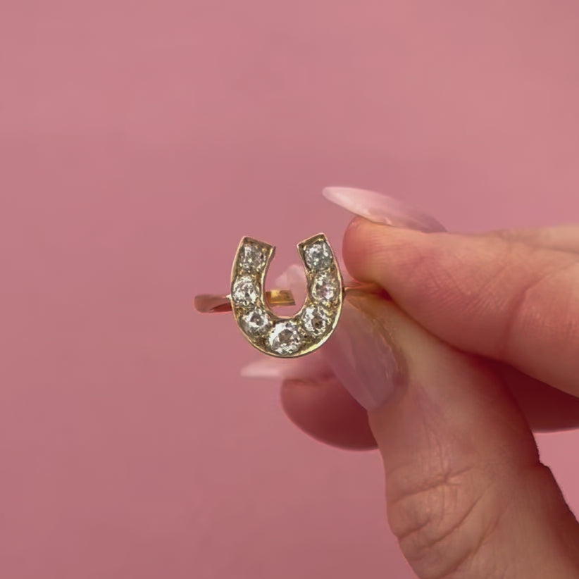 Victorian 0.80 Carat Diamond 18K Gold Horseshoe Antique Ring, video