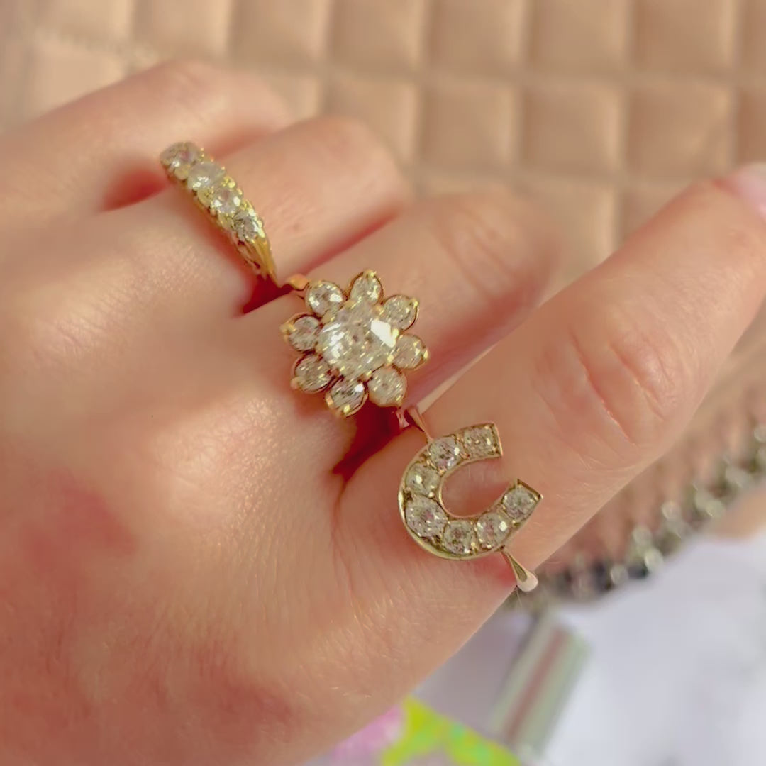 Vintage 2.45 Carat Old Mine and Old European Cut Diamond 18K Yellow Gold Flower Cluster Engagement Ring, video