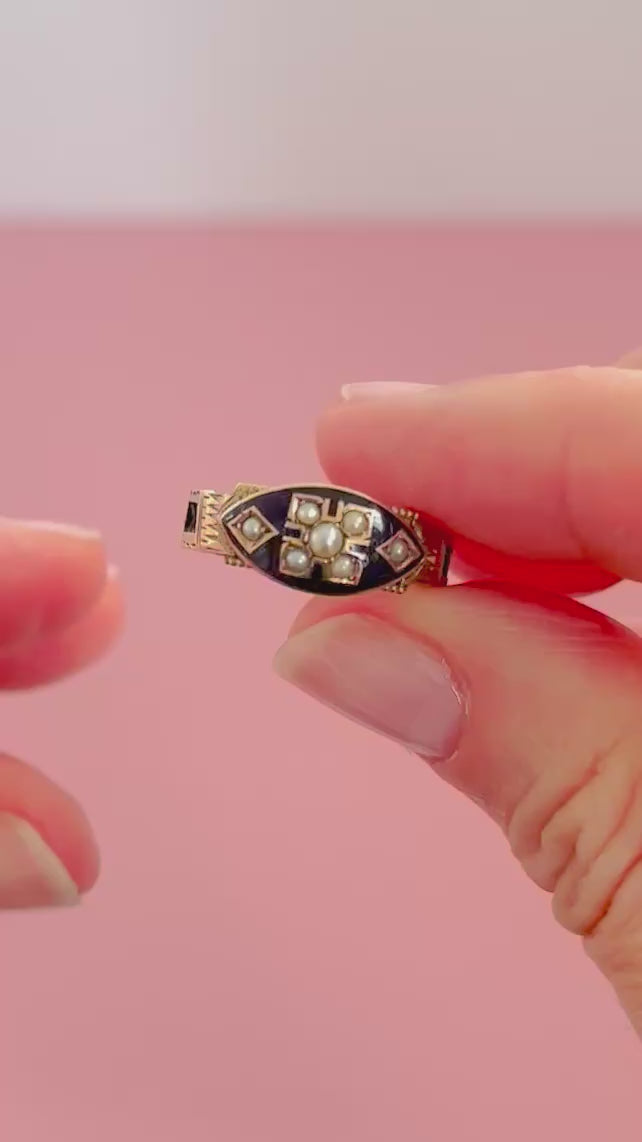 Antique 1897 Enamel Hair 9ct Gold Mourning Ring, video