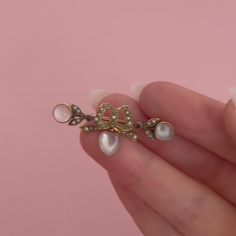 Antique Victorian Moonstone Bow Pearl Brooch, video