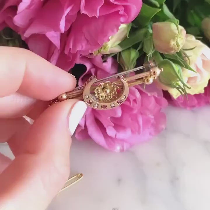 Antique Victorian 1890 Ruby Pearl Bar 9ct Gold Crescent Brooch, video