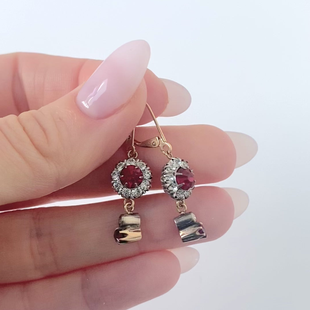 Vintage 1930s Ruby Diamond Paste Silver Gold Drop Earrings, video