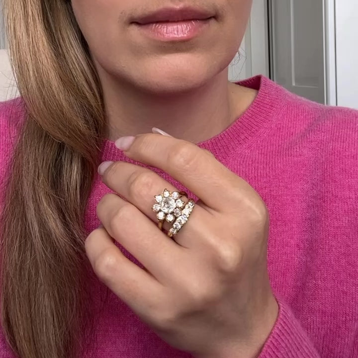 Vintage 2.45 Carat Old Mine and Old European Cut Diamond 18K Yellow Gold Flower Cluster Engagement Ring, video