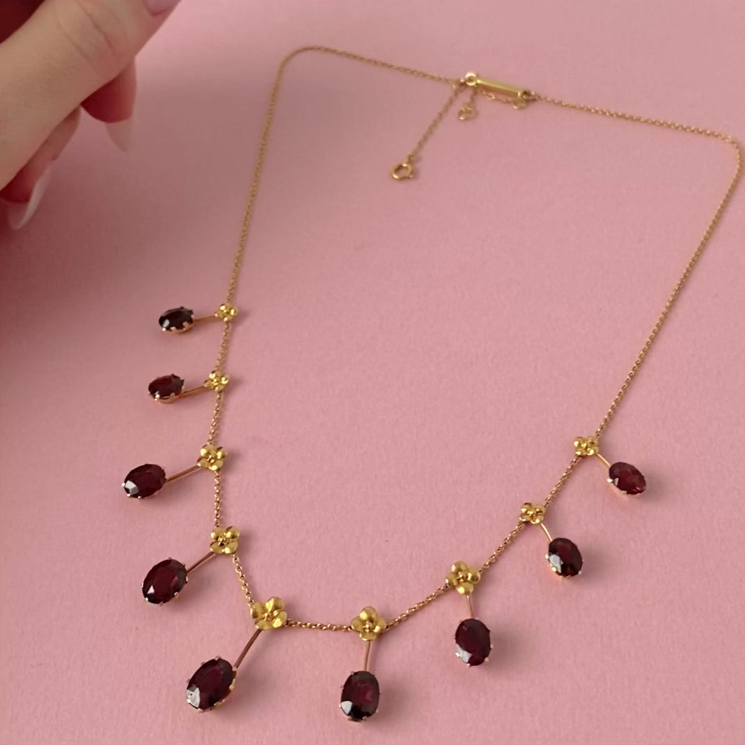 Antique Edwardian 15ct Gold Garnet Fringe Dropper Necklace, video