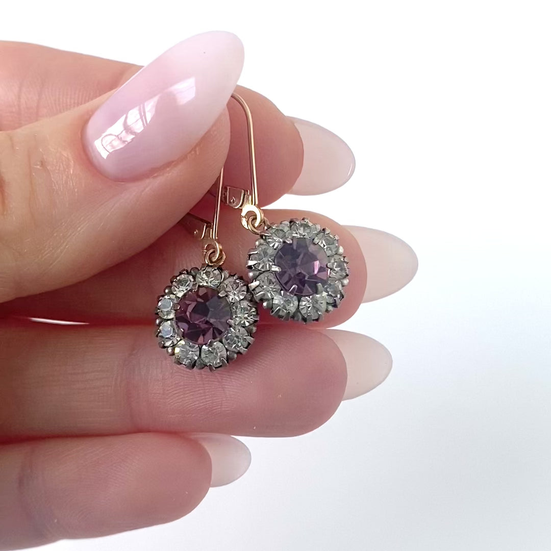 Boucles d'oreilles vintage années 1930 Purple Paste Silver Gold Drop, video