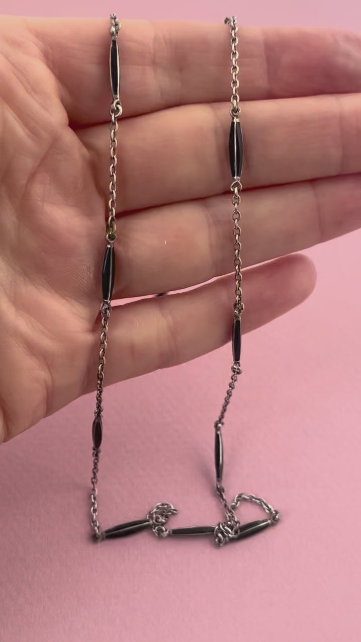 Vintage 1920s Art Deco Black Enamel & Silver Chain Necklace