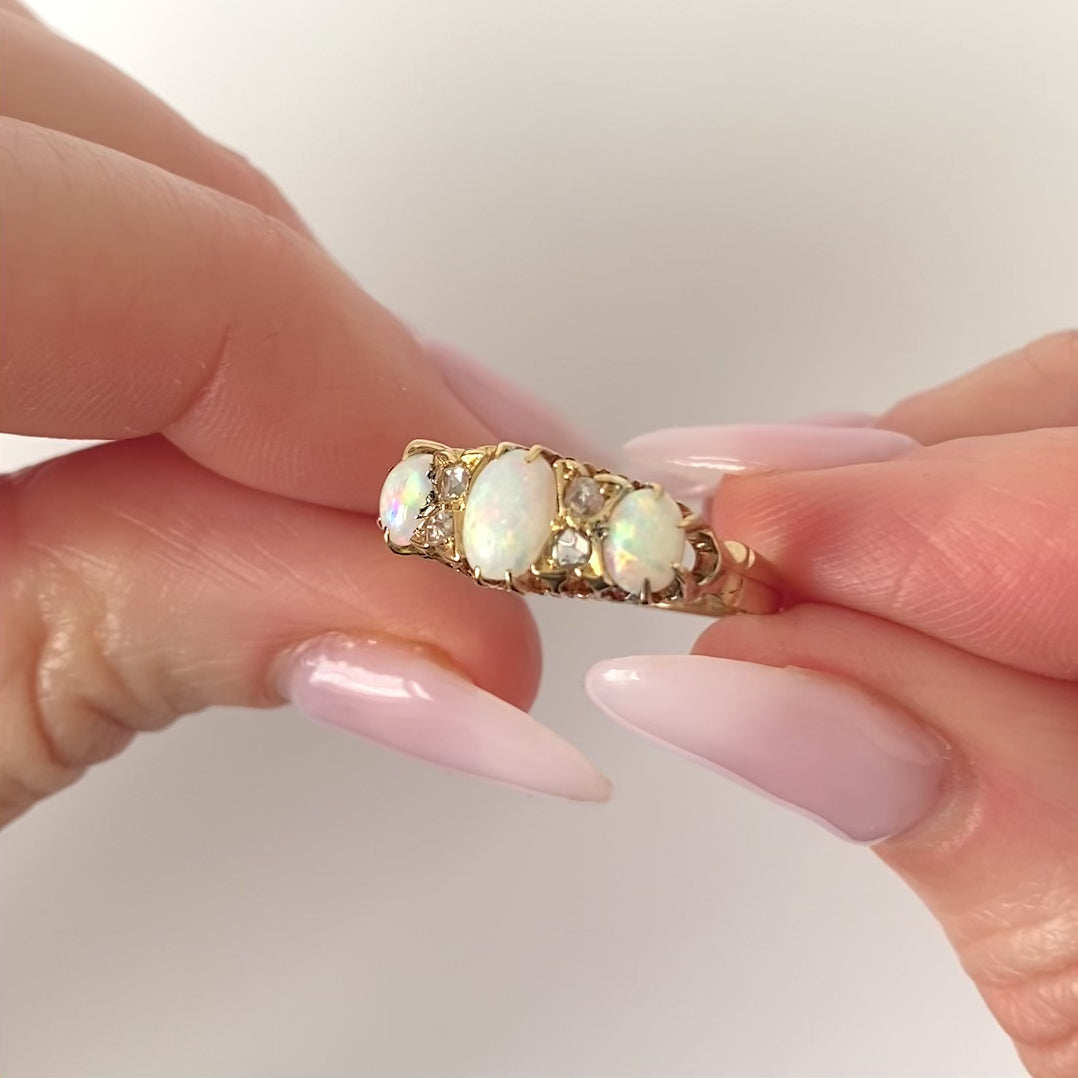 Antique Edwardian 1903 Triple Opal Diamond 18ct Gold Ring, video