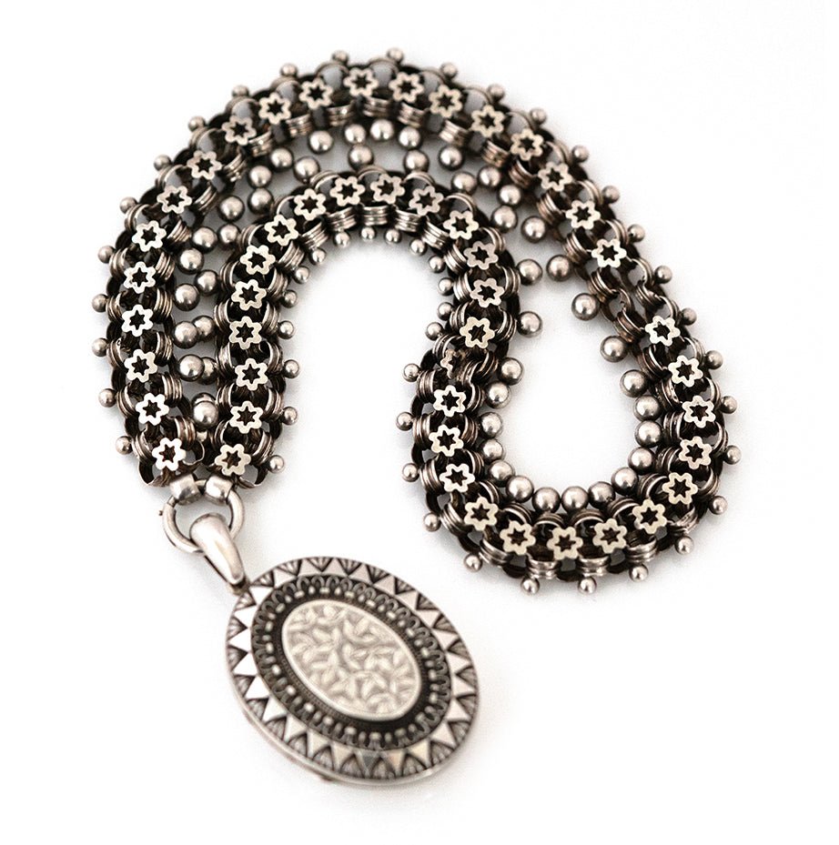 Antique Victorian Silver Star Ivy Locket and Collar Necklace, view 5