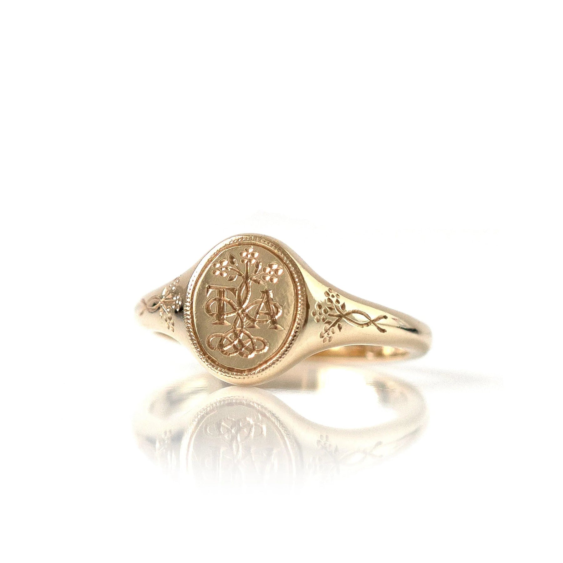 Ada Forget-Me-Not 14K or 18K Gold Personalized Signet Ring, view 6