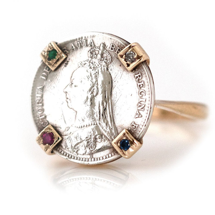 Victorian 1890 Silver Coin 9ct Gold Gemstone Ring