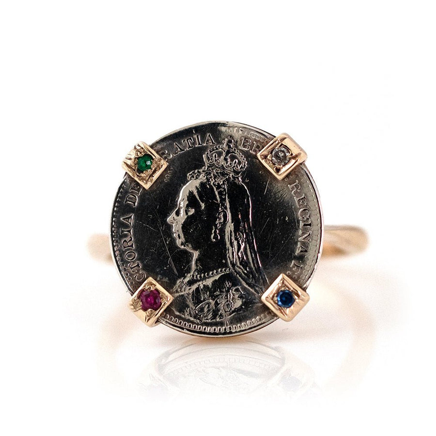 Victorian 1890 Silver Coin 9ct Gold Gemstone Ring