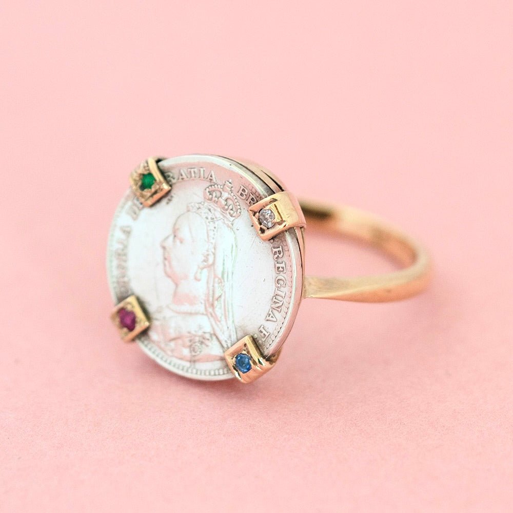 Victorian 1890 Silver Coin 9ct Gold Gemstone Ring, view 2