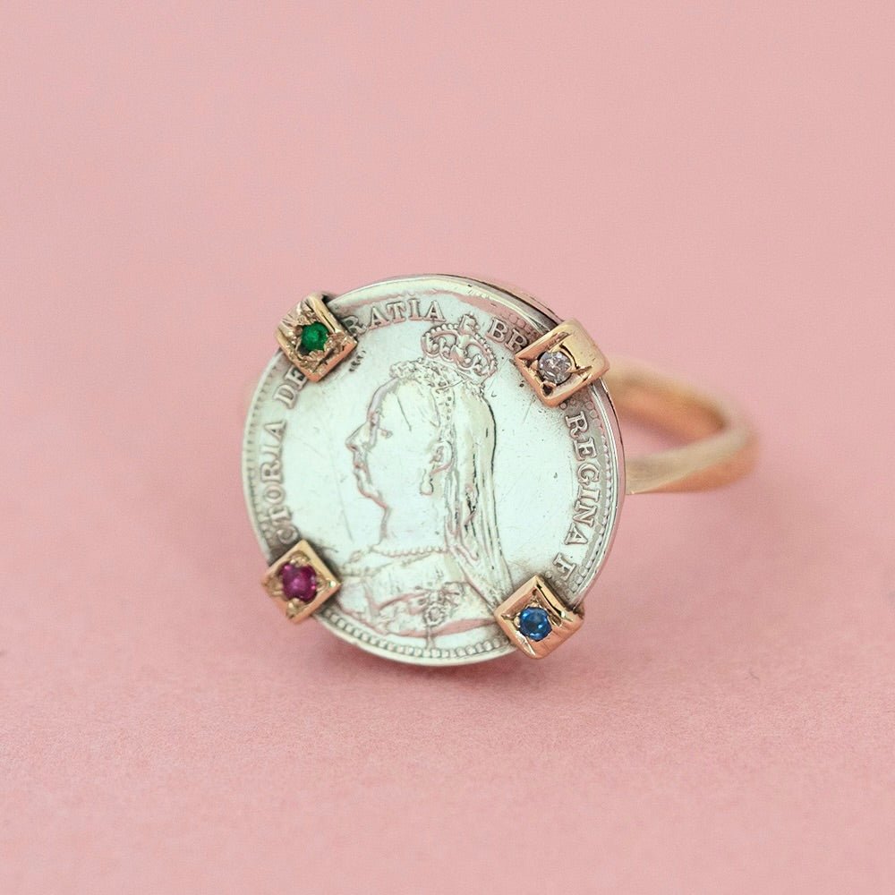 Victorian 1890 Silver Coin 9ct Gold Gemstone Ring, view 7