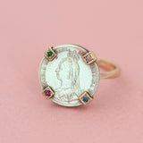 Victorian 1890 Silver Coin 9ct Gold Gemstone Ring