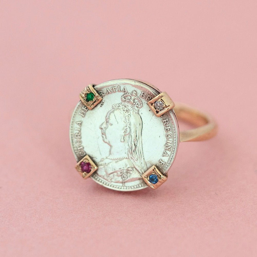 Victorian 1890 Silver Coin 9ct Gold Gemstone Ring