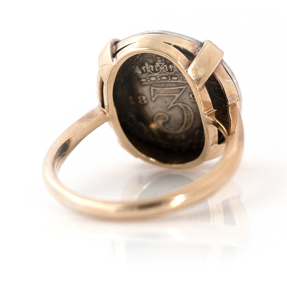 Victorian 1890 Silver Coin 9ct Gold Gemstone Ring, view 6