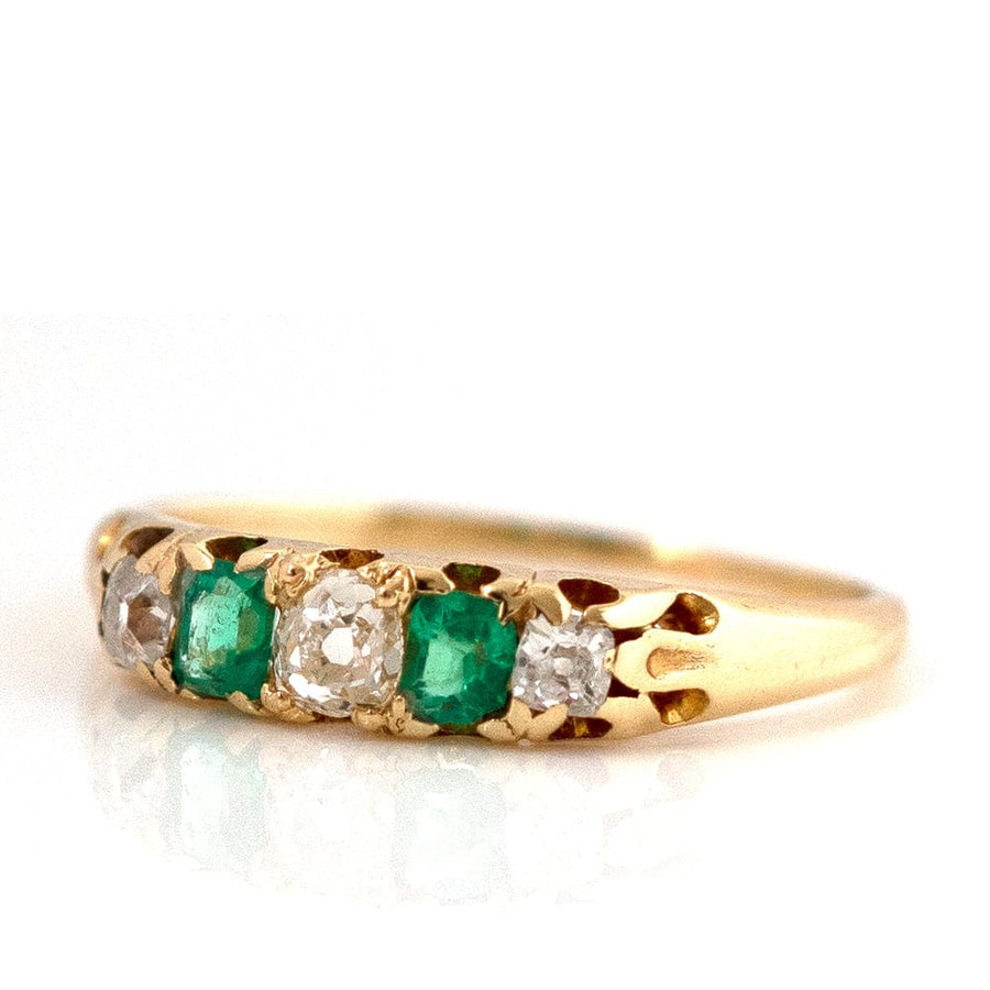 VICTORIAN Rings Antique Victorian Five Stone Emerald Diamond 18ct Gold Ring Mayveda Jewellery