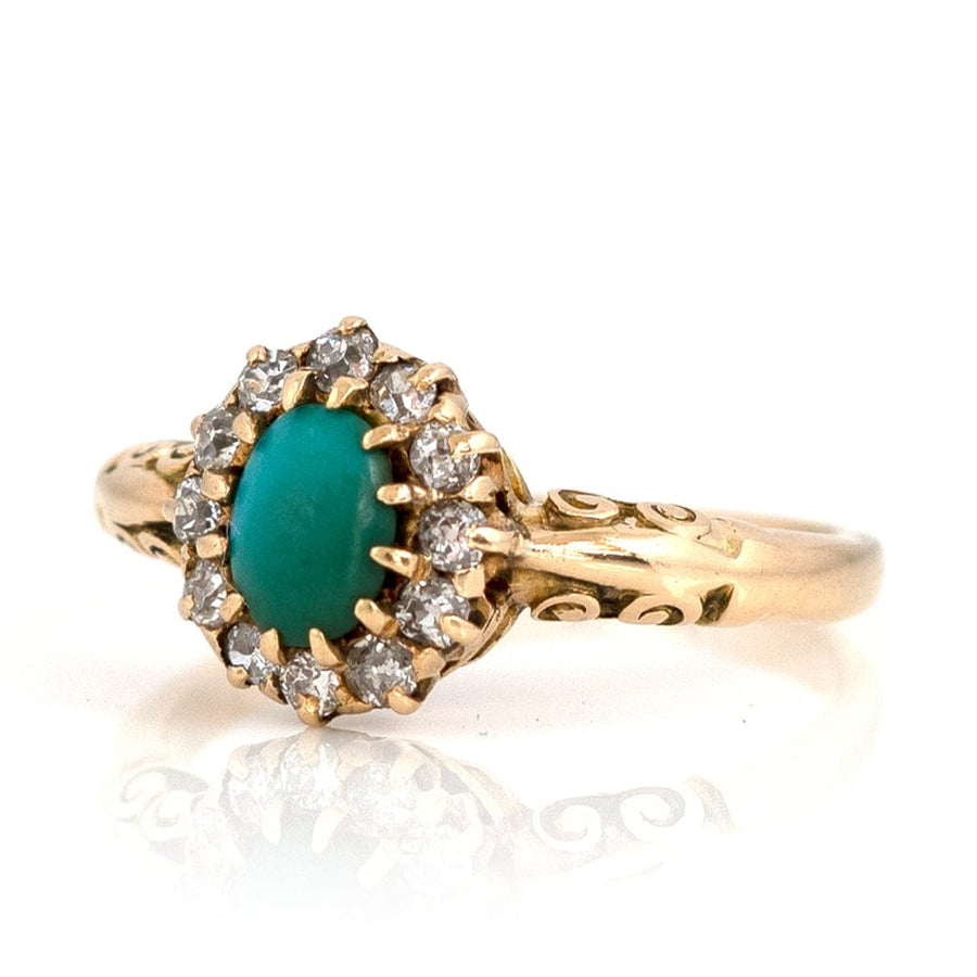 VICTORIAN Rings Antique Victorian Turquoise Diamond Halo 18ct Gold Ring Mayveda Jewellery