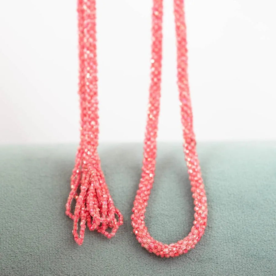 Vintage 1920s Tassel Art Deco Pink Beaded Flapper Necklace