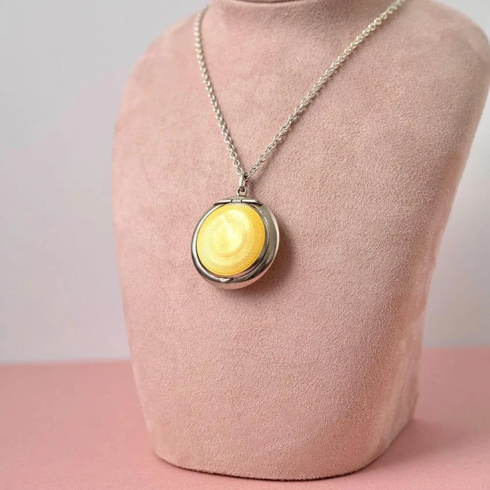 Vintage 1922 Yellow Enamel Sterling Silver Compact Locket Necklace, view 2