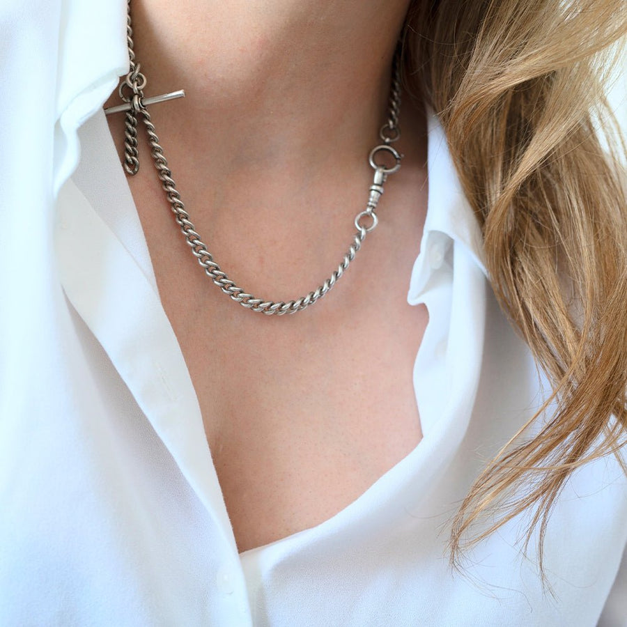 Vintage 1940s Sterling Silver Albert Watch Chain Necklace