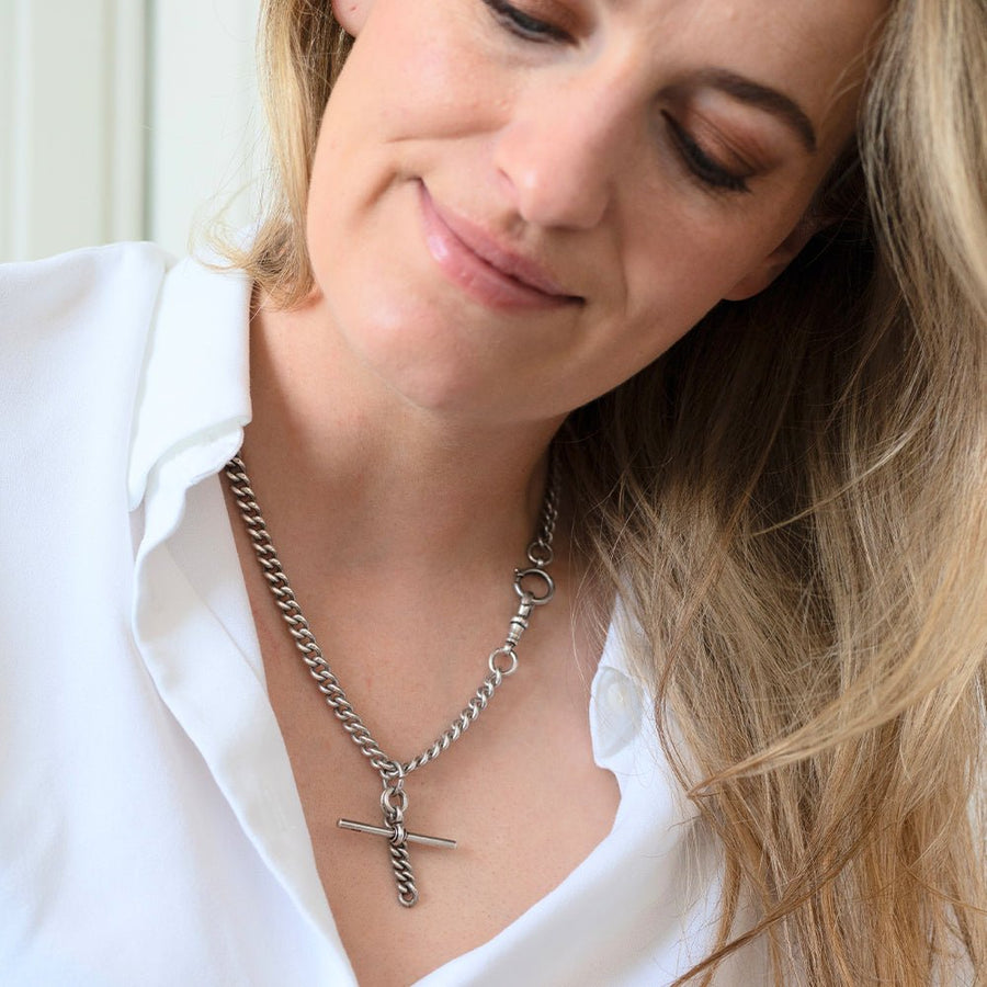 Vintage 1940s Sterling Silver Albert Watch Chain Necklace