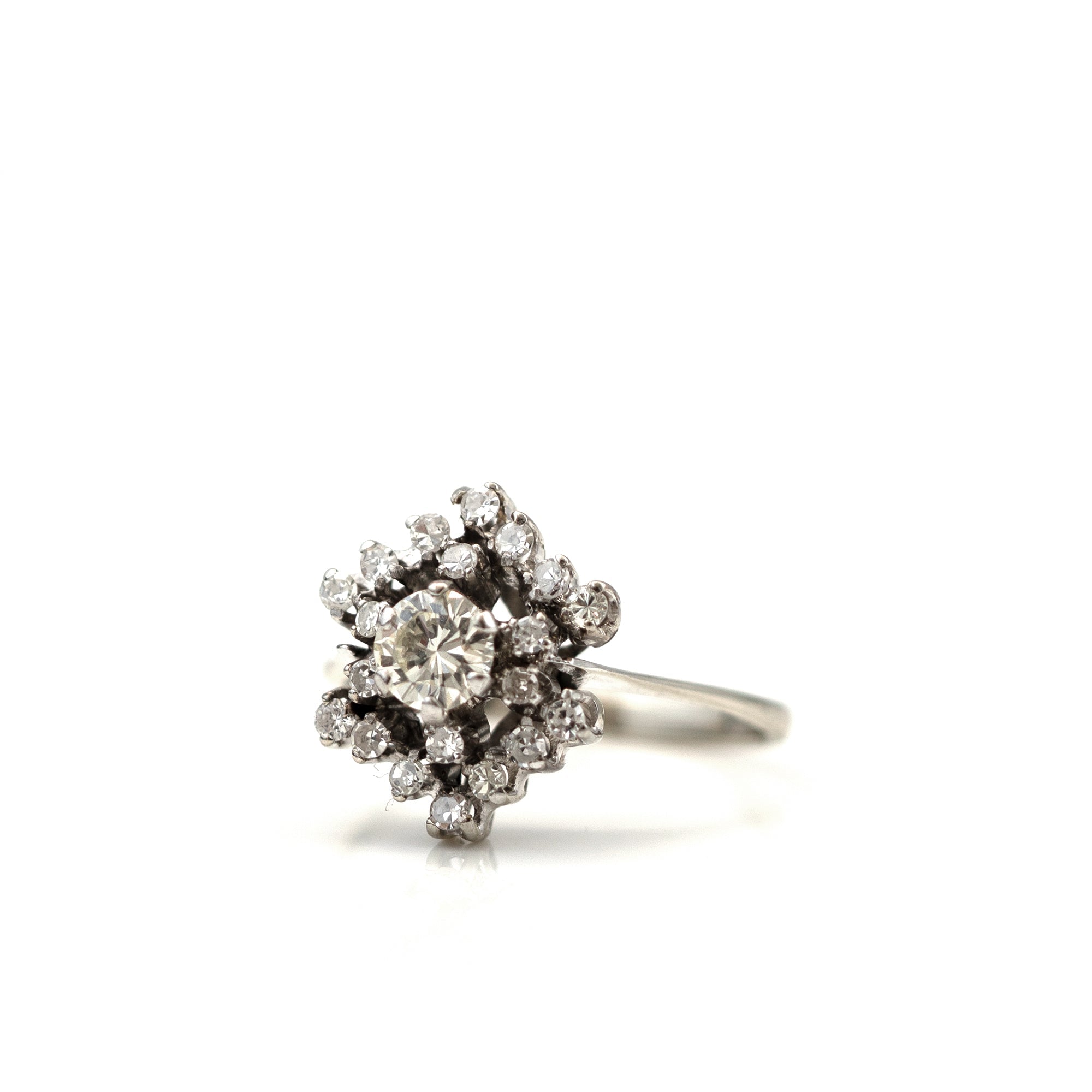 Mid-Century 1950s 0.55 Carat Diamond 18K White Gold Cluster Vintage Engagement Ring, view 7